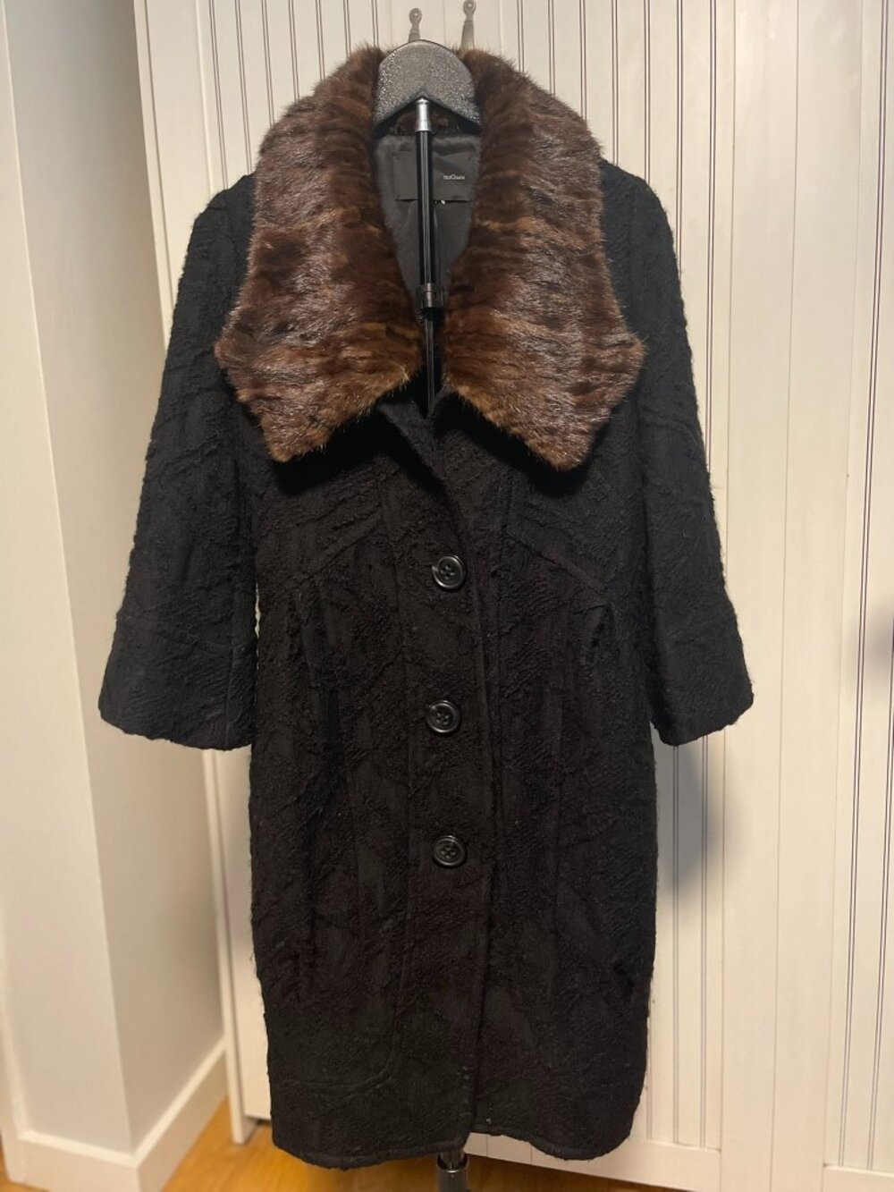 Vintage TELEGRAPH Black Long Coat Brown Fur Collar Elegant XS